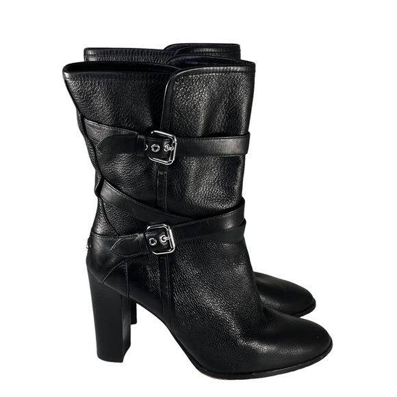 Coach Womens 9 Alexandra Black Leather Mid Calf Heeled Boots Buckle Booties - Picture 2 of 13